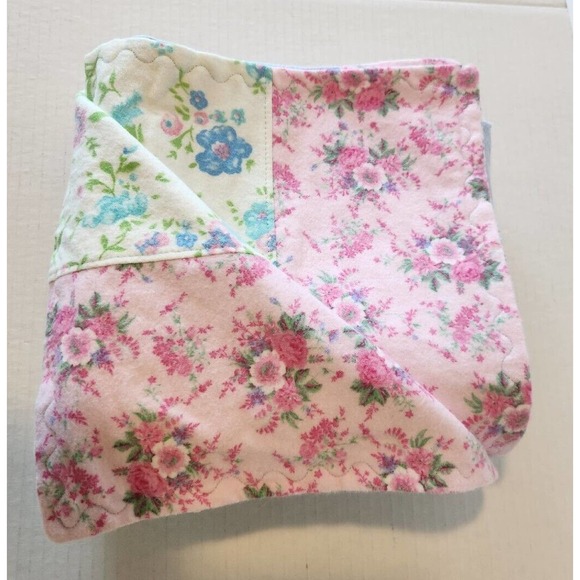 Softest 90's Vtg Handmade Flannel Baby Blanket, Childs Blue Pink Floral - Picture 2 of 10